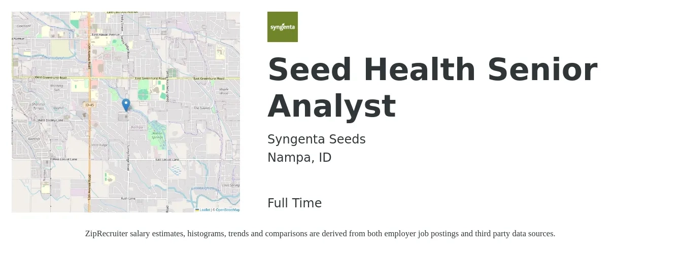 Syngenta Seeds job posting for a Seed Health Senior Analyst in Nampa, ID with a salary of $84,200 to $111,500 Yearly with a map of Nampa location.
