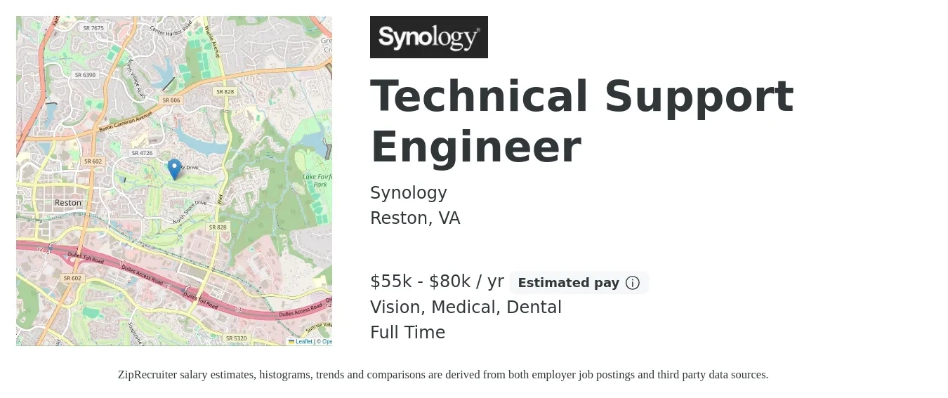 Synology job posting for a Technical Support Engineer in Reston, VA with a salary of $55,000 to $80,000 Yearly and benefits including retirement, vision, dental, life_insurance, and medical with a map of Reston location.