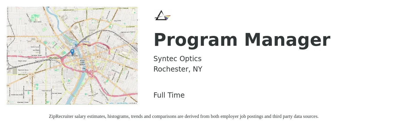 Syntec Optics job posting for a Program Manager in Rochester, NY with a salary of $78,500 to $130,800 Yearly with a map of Rochester location.