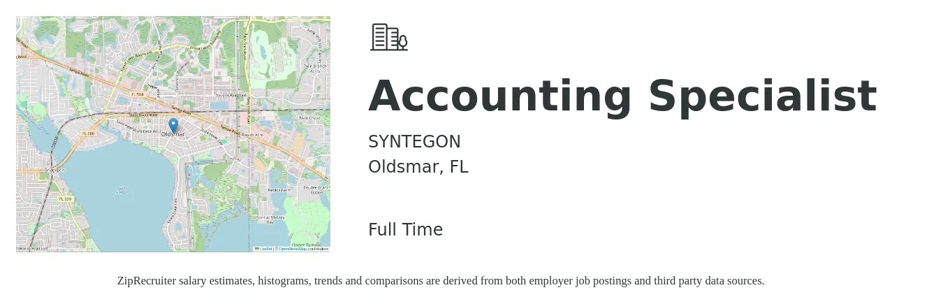 SYNTEGON job posting for a Accounting Specialist in Oldsmar, FL with a salary of $20 to $25 Hourly with a map of Oldsmar location.