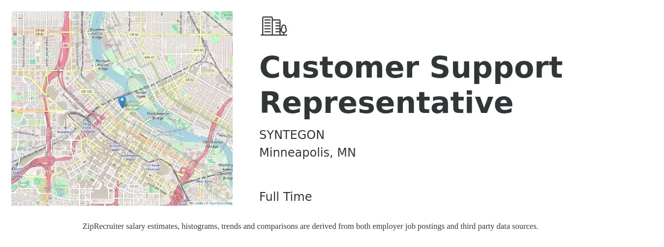 SYNTEGON job posting for a Customer Support Representative in Minneapolis, MN with a salary of $50,000 to $70,000 Yearly with a map of Minneapolis location.