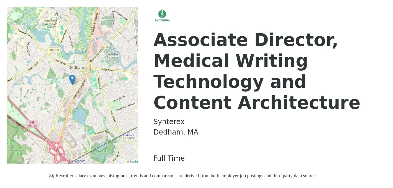 Synterex job posting for a Associate Director, Medical Writing Technology and Content Architecture in Dedham, MA with a salary of $25 to $50 Hourly with a map of Dedham location.