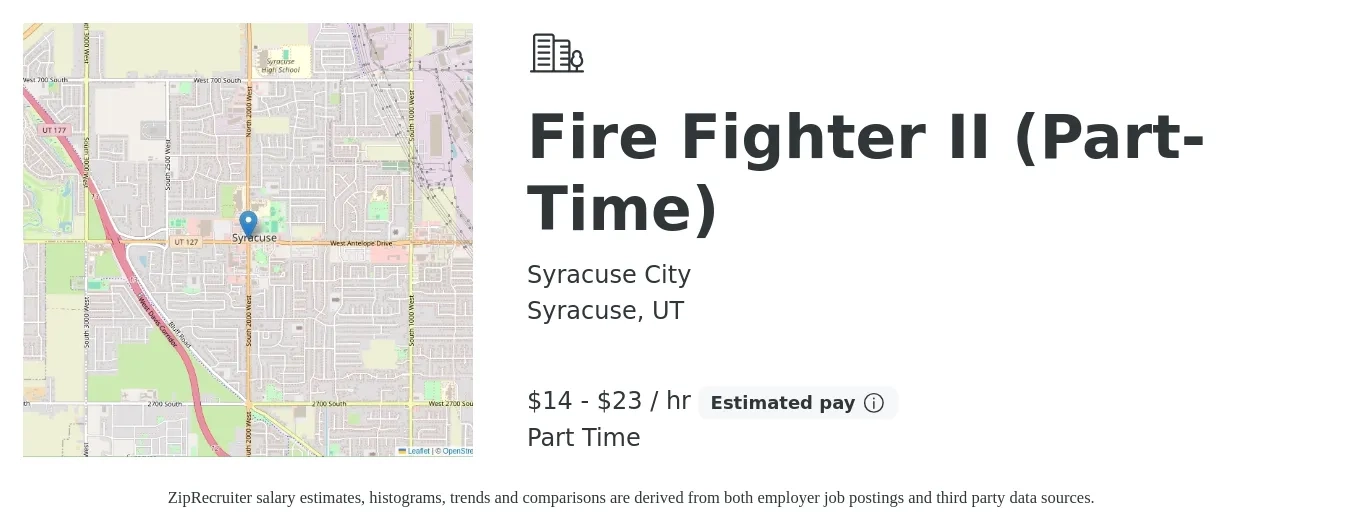 Syracuse City job posting for a Fire Fighter II (Part-Time) in Syracuse, UT with a salary of $15 to $25 Hourly with a map of Syracuse location.