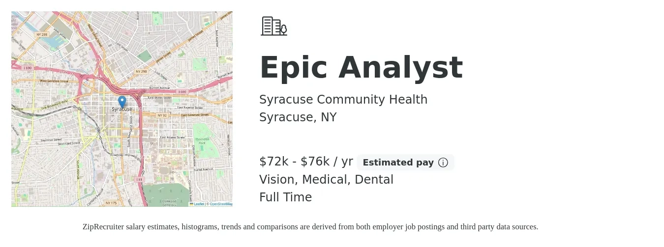 Syracuse Community Health job posting for a Epic Analyst in Syracuse, NY with a salary of $72,789 to $76,428 Yearly and benefits including vision, dental, life_insurance, and medical with a map of Syracuse location.