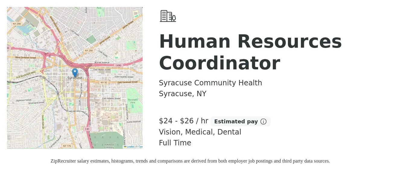 Syracuse Community Health job posting for a Human Resources Coordinator in Syracuse, NY with a salary of $25 to $28 Hourly and benefits including dental, life_insurance, medical, pto, retirement, and vision with a map of Syracuse location.