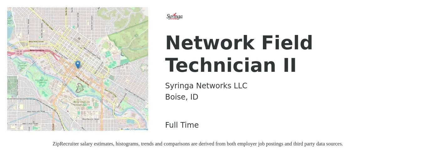 Syringa Networks LLC job posting for a Network Field Technician II in Boise, ID with a salary of $22 to $28 Hourly with a map of Boise location.