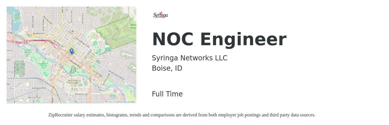Syringa Networks LLC job posting for a NOC Engineer in Boise, ID with a salary of $28 to $49 Hourly with a map of Boise location.