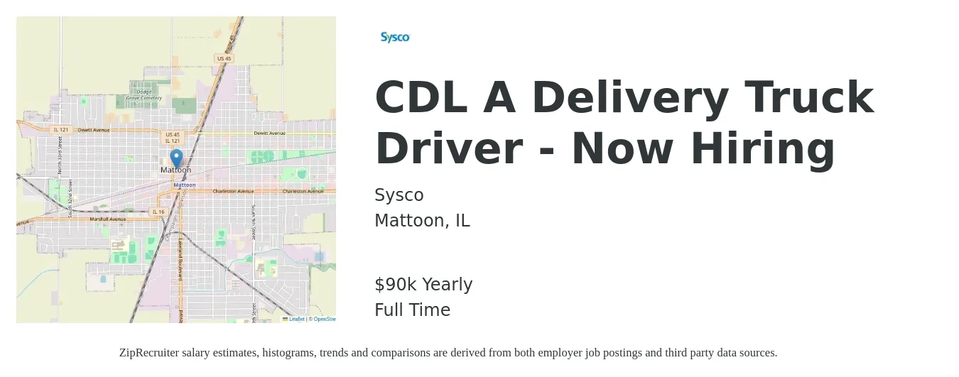 Sysco job posting for a CDL A Delivery Truck Driver - Now Hiring in Mattoon, IL with a salary of $90,000 Yearly with a map of Mattoon location.