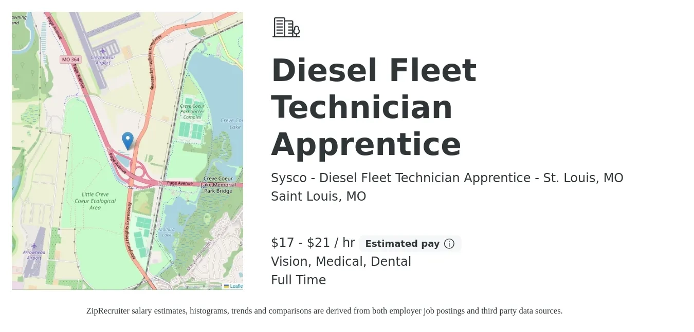 Sysco - Diesel Fleet Technician Apprentice - St. Louis, MO job posting for a Diesel Fleet Technician Apprentice in Saint Louis, MO with a salary of $18 to $22 Hourly and benefits including vision, dental, and medical with a map of Saint Louis location.