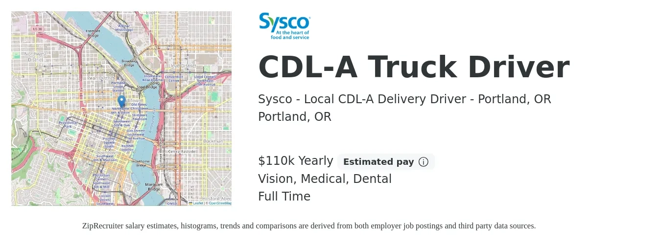 Sysco - Local CDL-A Delivery Driver - Portland, OR job posting for a CDL-A Truck Driver in Portland, OR with a salary of $110,000 Yearly and benefits including dental, medical, and vision with a map of Portland location.
