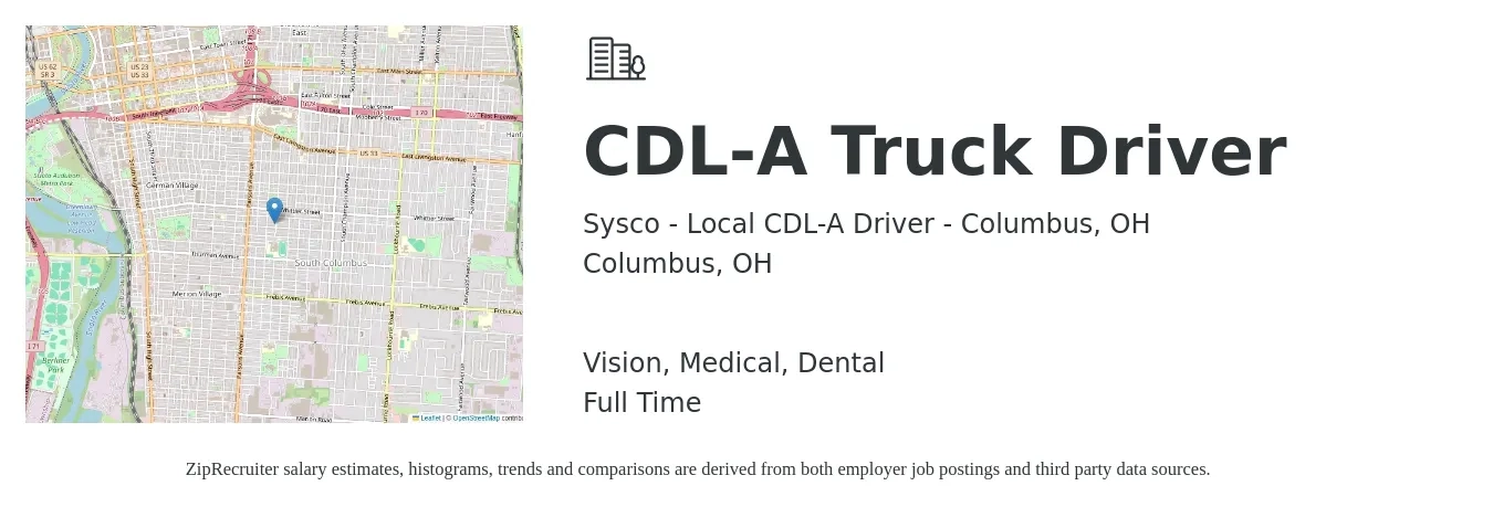 Sysco - Local CDL-A Driver - Columbus, OH job posting for a CDL-A Truck Driver in Columbus, OH with a salary of $100,000 Yearly and benefits including vision, dental, and medical with a map of Columbus location.