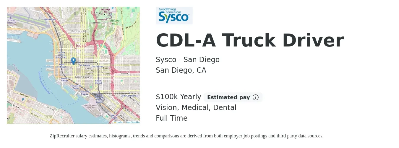 Sysco - San Diego job posting for a CDL-A Truck Driver in San Diego, CA with a salary of $100,000 Yearly and benefits including dental, medical, and vision with a map of San Diego location.