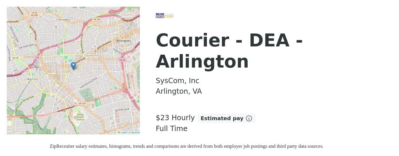 SysCom, Inc job posting for a Courier - DEA - Arlington in Arlington, VA with a salary of $25 to $25 Hourly with a map of Arlington location.