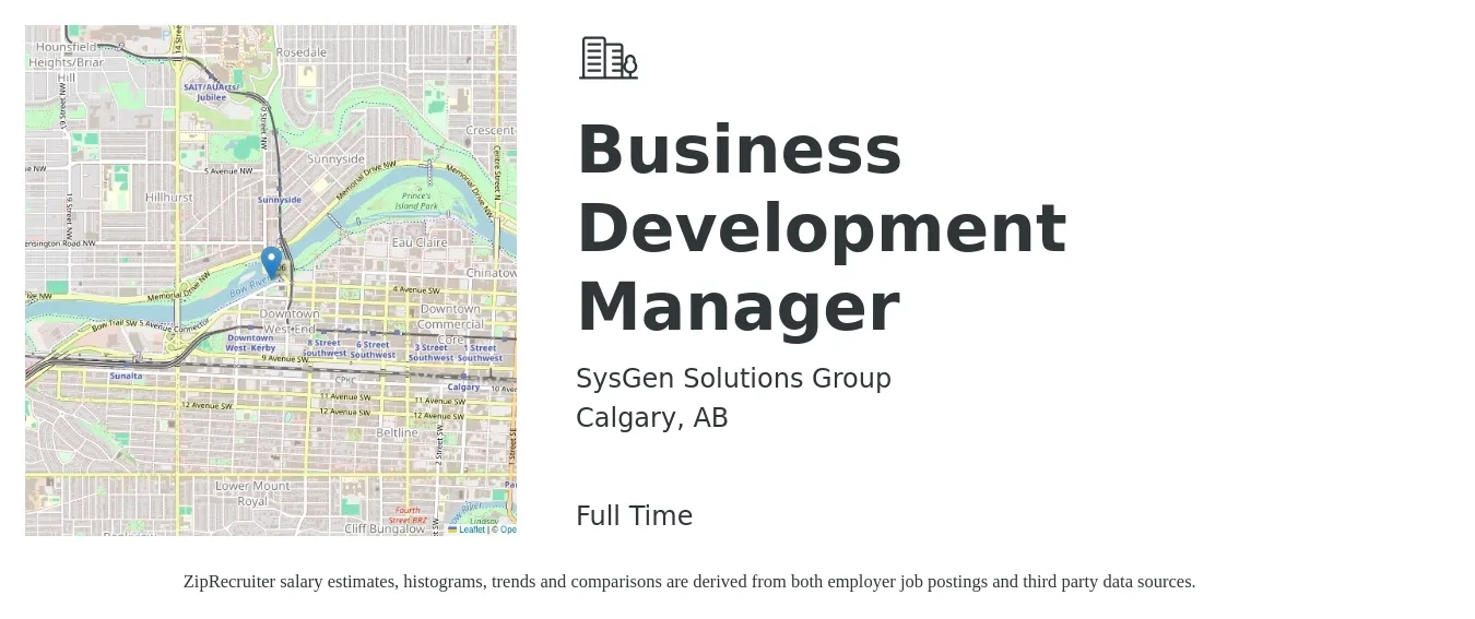 SysGen Solutions Group job posting for a Business Development Manager in Calgary, AB with a map of Calgary location.