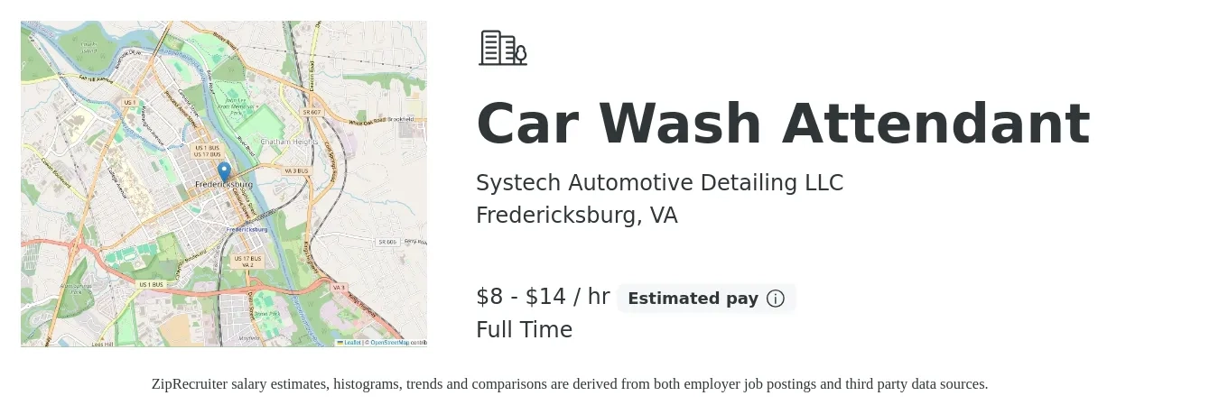 Systech Automotive Detailing LLC job posting for a Car Wash Attendant in Fredericksburg, VA with a salary of $9 to $15 Hourly (plus commission) with a map of Fredericksburg location.