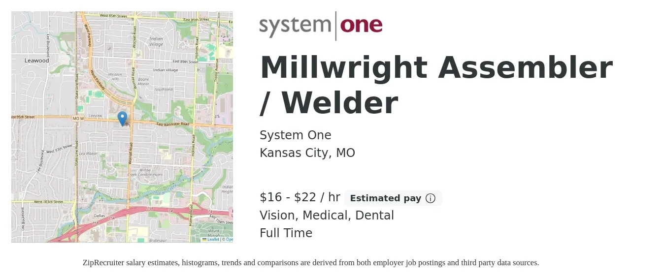 System One job posting for a Millwright Assembler / Welder in Kansas City, MO with a salary of $17 to $23 Hourly and benefits including life_insurance, medical, retirement, vision, and dental with a map of Kansas City location.