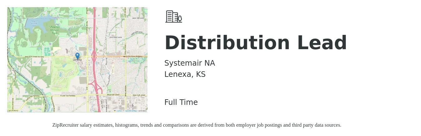 Systemair NA job posting for a Distribution Lead in Lenexa, KS with a salary of $14 to $23 Hourly with a map of Lenexa location.