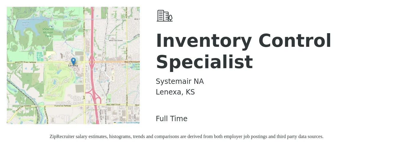 Systemair NA job posting for a Inventory Control Specialist in Lenexa, KS with a salary of $16 to $21 Hourly with a map of Lenexa location.
