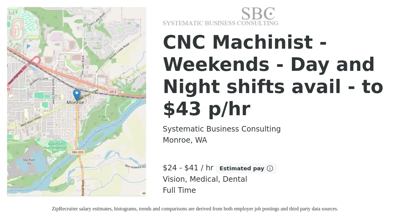 Systematic Business Consulting job posting for a CNC Machinist - Weekends - Day and Night shifts avail - to $43 p/hr in Monroe, WA with a salary of $25 to $43 Hourly and benefits including retirement, vision, dental, life_insurance, medical, and pto with a map of Monroe location.