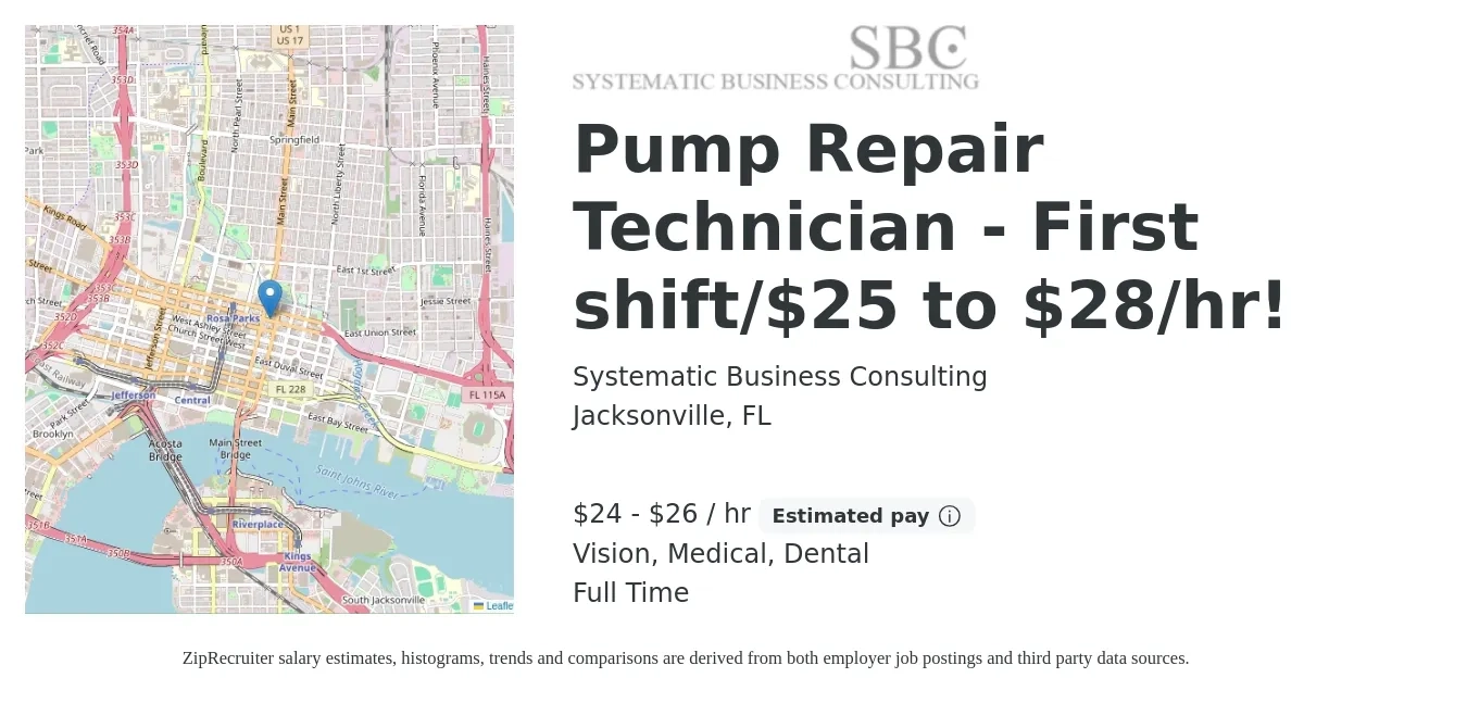 Systematic Business Consulting job posting for a Pump Repair Technician - First shift/$25 to $28/hr! in Jacksonville, FL with a salary of $25 to $28 Hourly and benefits including dental, life_insurance, medical, retirement, and vision with a map of Jacksonville location.