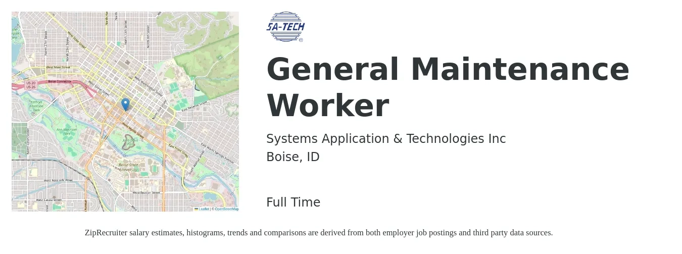 Systems Application & Technologies Inc job posting for a General Maintenance Worker in Boise, ID with a salary of $17 to $23 Hourly with a map of Boise location.
