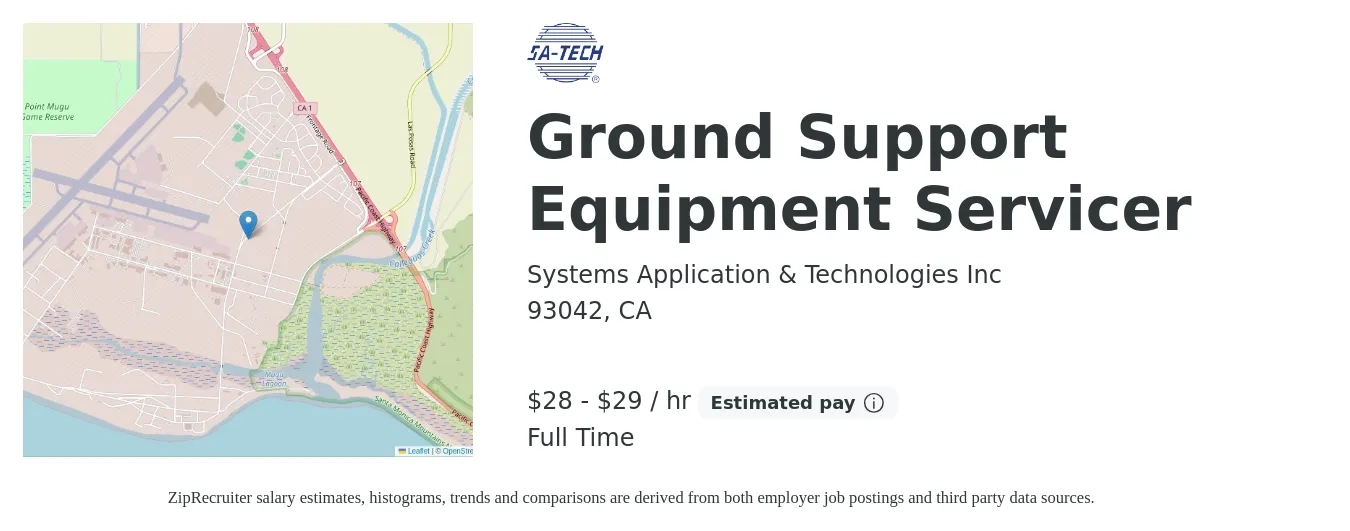 Systems Application & Technologies Inc job posting for a Ground Support Equipment Servicer in 93042, CA with a salary of $29 to $31 Hourly with a map of 93042 location.