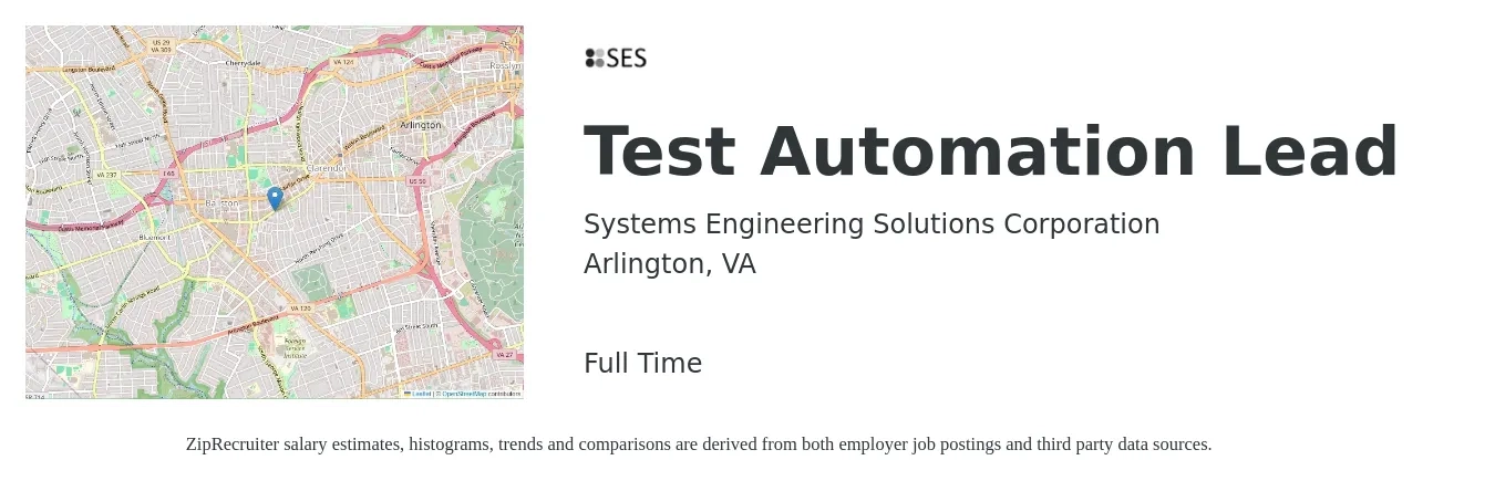 Systems Engineering Solutions Corporation job posting for a Test Automation Lead in Arlington, VA with a salary of $55 to $74 Hourly with a map of Arlington location.