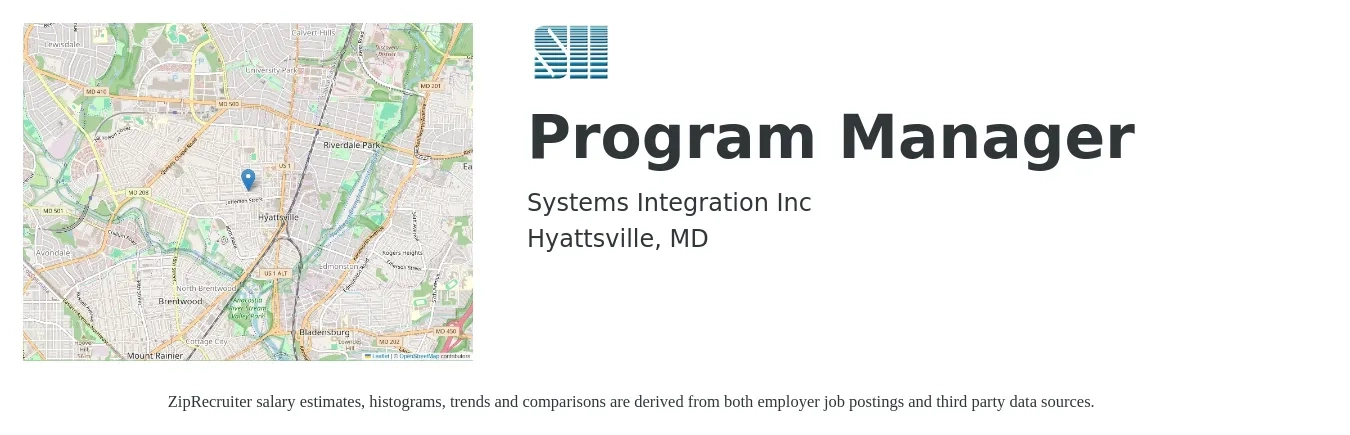 Systems Integration Inc job posting for a Program Manager in Hyattsville, MD with a salary of $79,700 to $132,800 Yearly with a map of Hyattsville location.