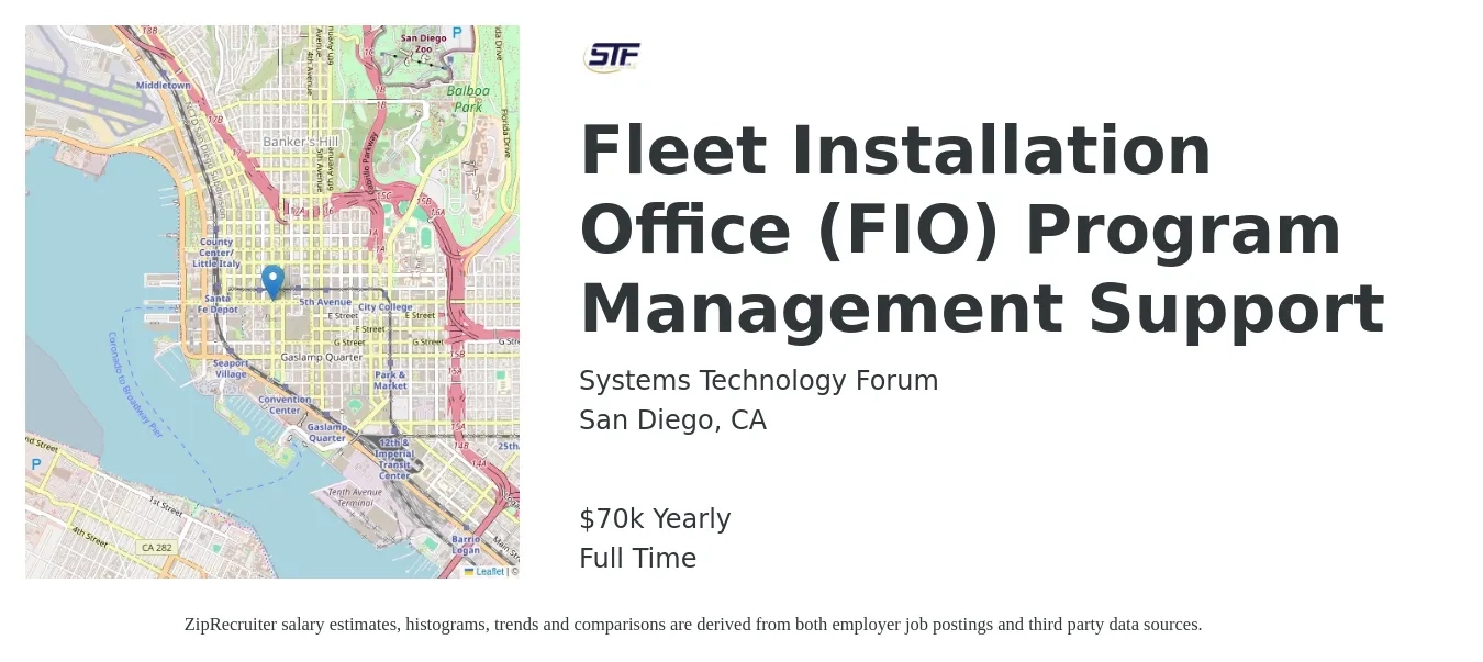 Systems Technology Forum job posting for a Fleet Installation Office (FIO) Program Management Support in San Diego, CA with a salary of $70,000 Yearly with a map of San Diego location.