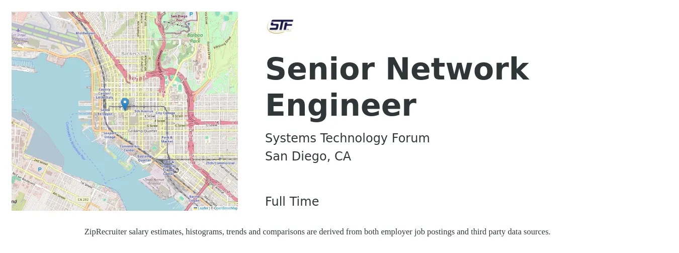 Systems Technology Forum job posting for a Senior Network Engineer in San Diego, CA with a salary of $110,400 to $151,300 Yearly with a map of San Diego location.