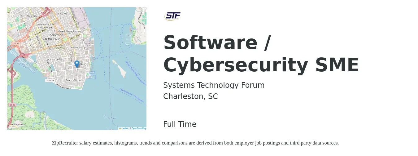 Systems Technology Forum job posting for a Software / Cybersecurity SME in Charleston, SC with a salary of $105,700 to $137,100 Yearly with a map of Charleston location.