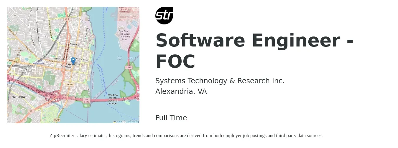Systems Technology & Research Inc. job posting for a Software Engineer - FOC in Alexandria, VA with a salary of $120,900 to $172,900 Yearly with a map of Alexandria location.