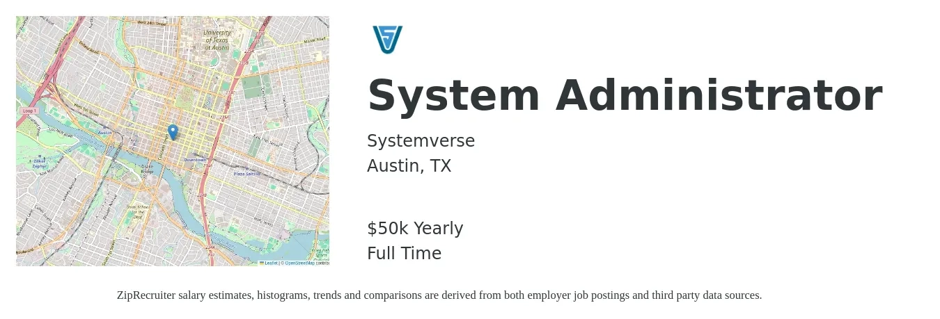 Systemverse job posting for a System Administrator in Austin, TX with a salary of $50,000 Yearly with a map of Austin location.