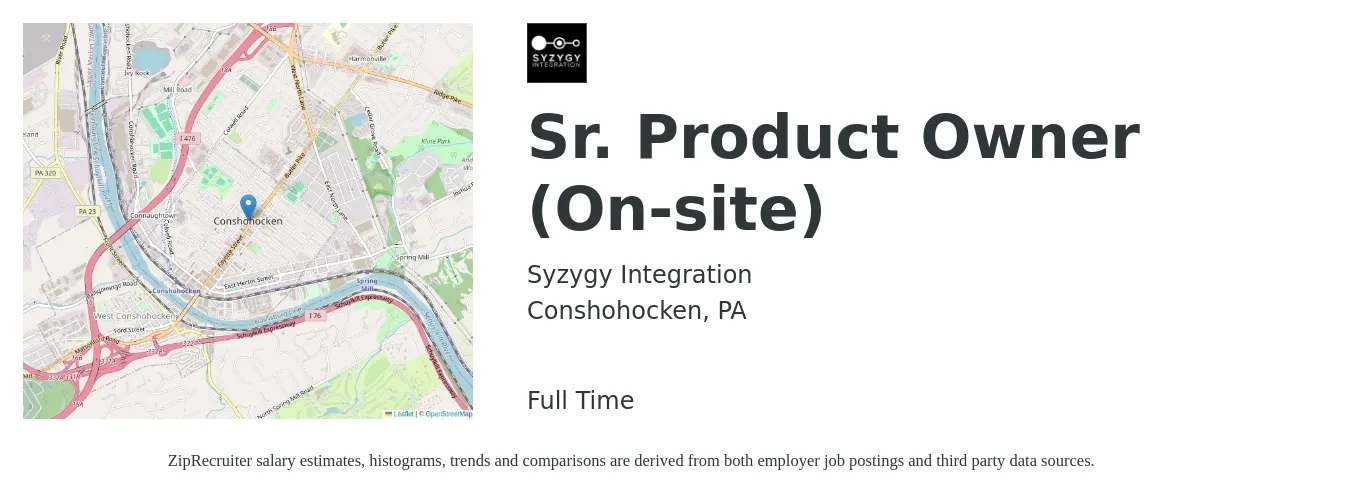 Syzygy Integration job posting for a Sr. Product Owner (On-site) in Conshohocken, PA with a salary of $92,000 to $127,500 Yearly with a map of Conshohocken location.