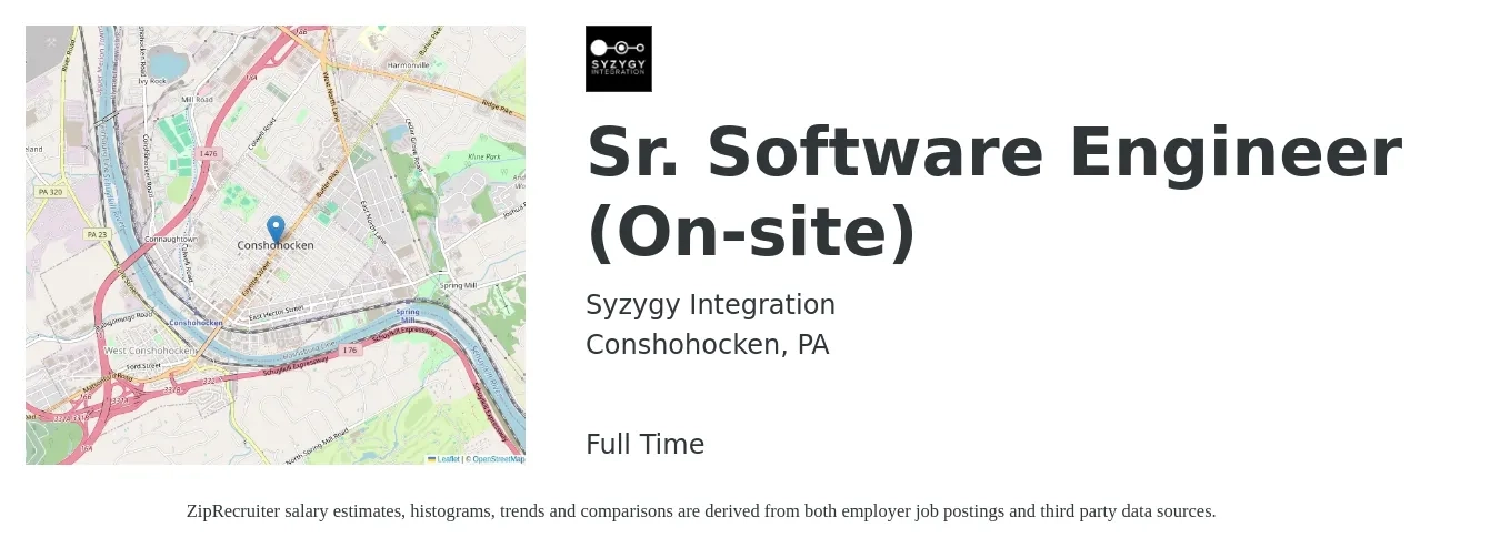 Syzygy Integration job posting for a Sr. Software Engineer (On-site) in Conshohocken, PA with a salary of $120,600 to $159,000 Yearly with a map of Conshohocken location.