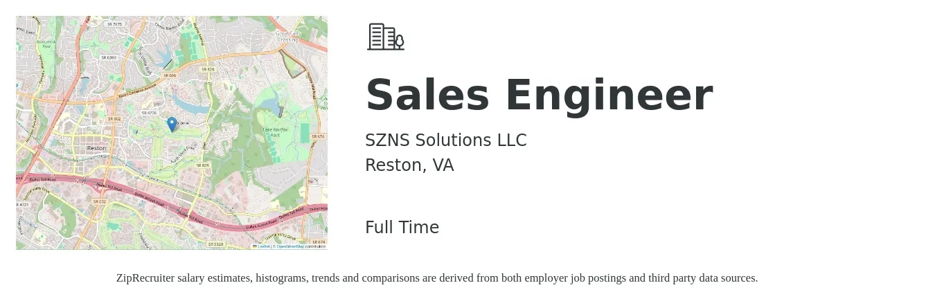 SZNS Solutions LLC job posting for a Sales Engineer in Reston, VA with a salary of $78,000 to $117,000 Yearly with a map of Reston location.