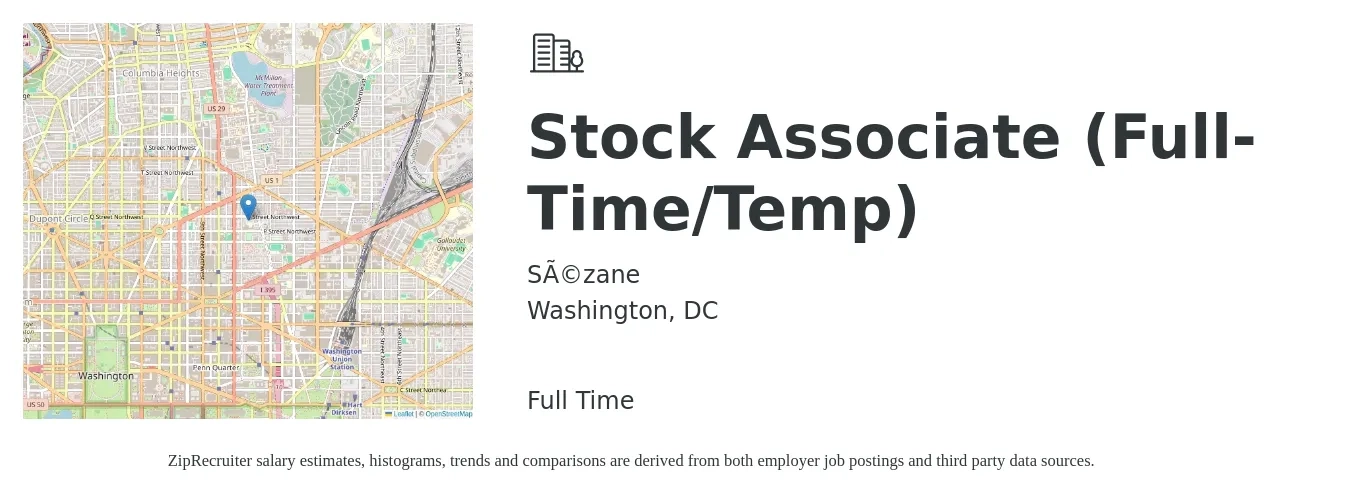 Sézane job posting for a Stock Associate (Full-Time/Temp) in Washington, DC with a salary of $23 Hourly with a map of Washington location.