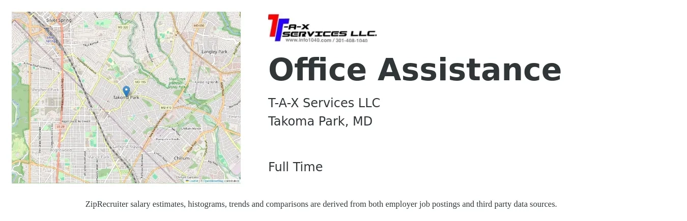 T-A-X Services LLC job posting for a Office Assistance in Takoma Park, MD with a salary of $17 to $23 Hourly with a map of Takoma Park location.