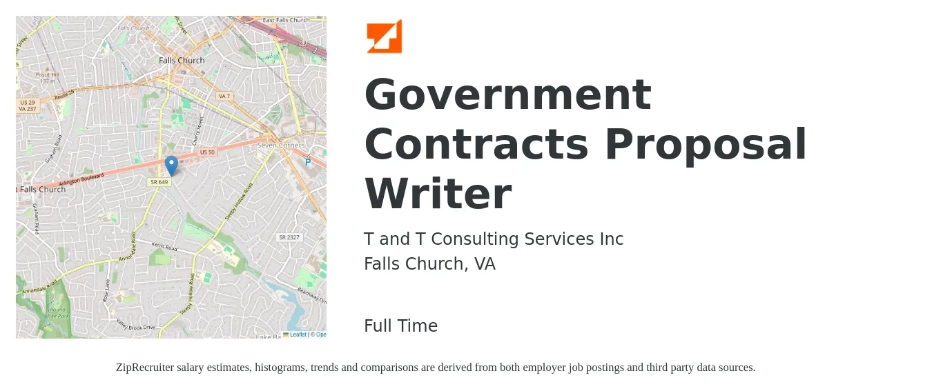 T and T Consulting Services Inc job posting for a Government Contracts Proposal Writer in Falls Church, VA with a salary of $67,600 to $96,400 Yearly with a map of Falls Church location.