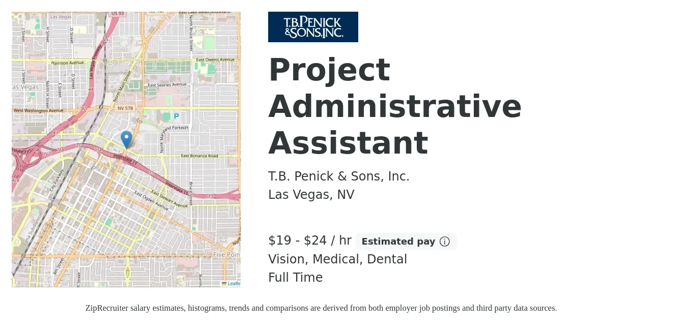 T.B. Penick & Sons, Inc. job posting for a Project Administrative Assistant in Las Vegas, NV with a salary of $20 to $25 Hourly and benefits including dental, life_insurance, medical, pto, retirement, and vision with a map of Las Vegas location.