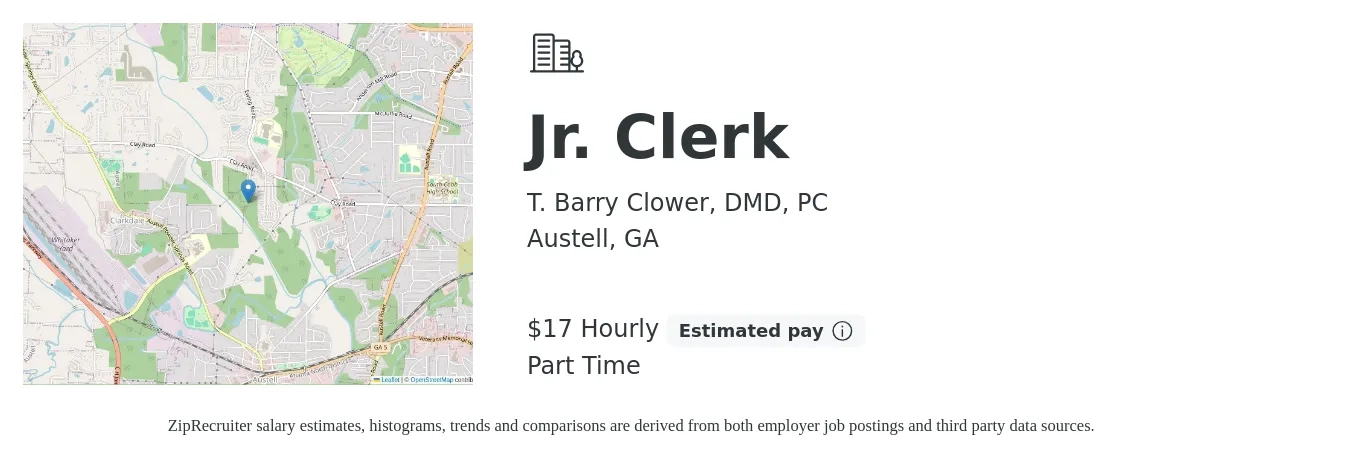 T. Barry Clower, DMD, PC job posting for a Jr. Clerk in Austell, GA with a salary of $18 Hourly and benefits including pto with a map of Austell location.