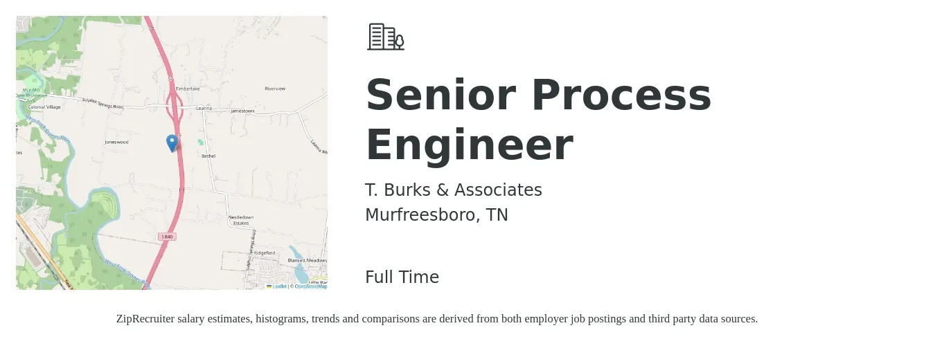 T. Burks & Associates job posting for a Senior Process Engineer in Murfreesboro, TN with a salary of $94,400 to $122,100 Yearly with a map of Murfreesboro location.