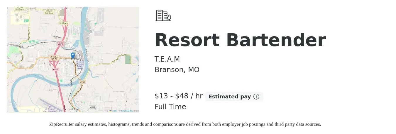T.E.A.M job posting for a Resort Bartender in Branson, MO with a salary of $14 to $50 Hourly with a map of Branson location.