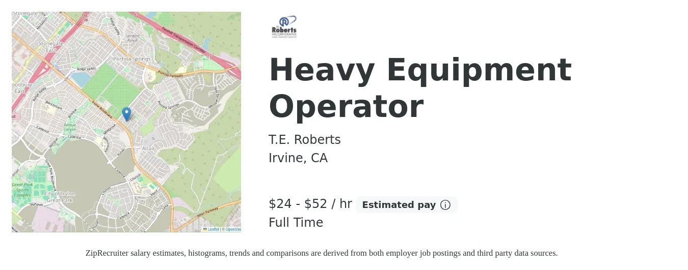 TE Roberts Inc job posting for a Heavy Equipment Operator in Irvine, CA with a salary of $25 to $55 Hourly with a map of Irvine location.