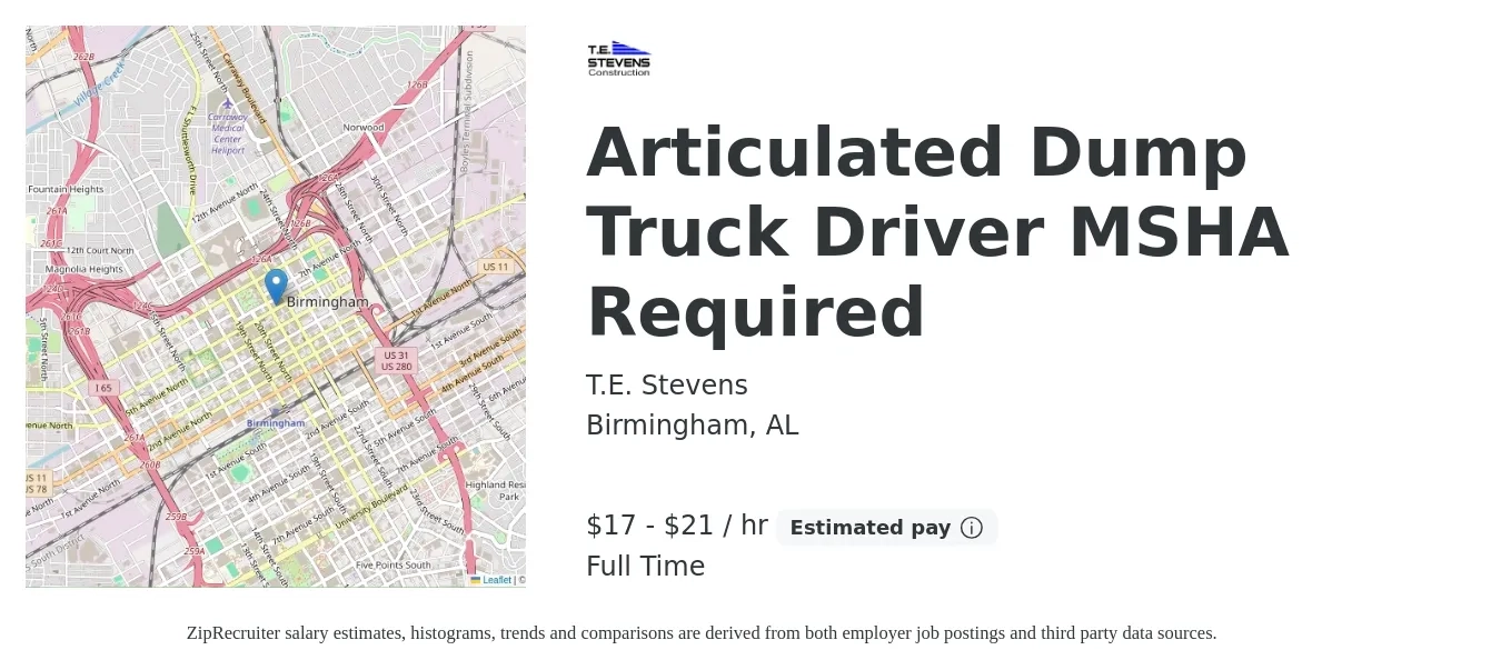 T.E. Stevens job posting for a Articulated Dump Truck Driver MSHA Required in Birmingham, AL with a salary of $18 Hourly with a map of Birmingham location.