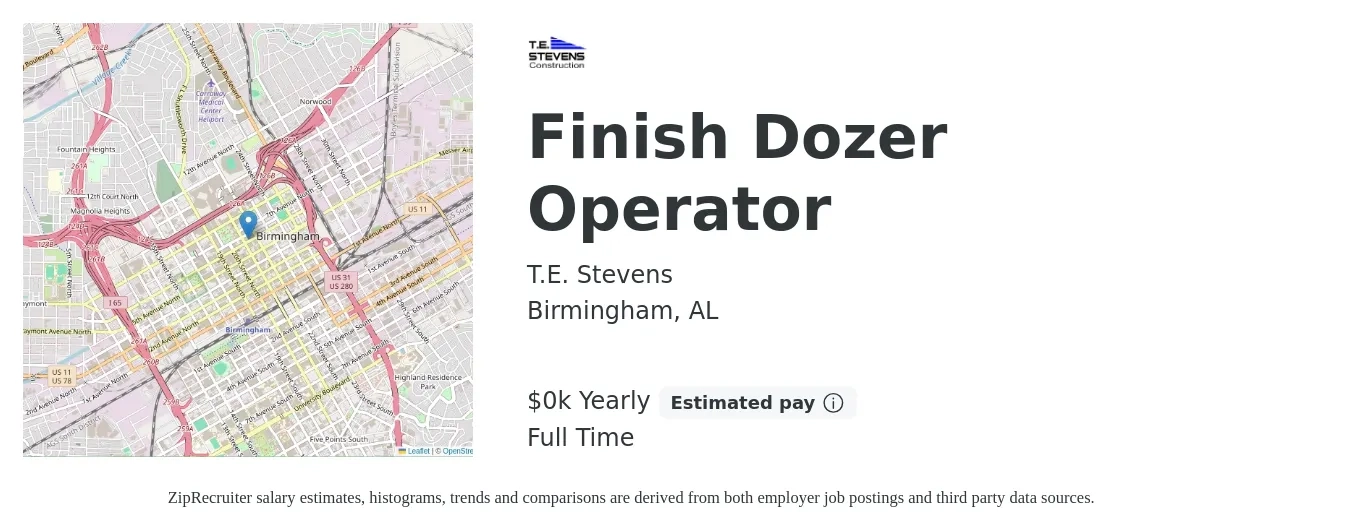 T.E. Stevens job posting for a Finish Dozer Operator in Birmingham, AL with a salary of $22 Hourly with a map of Birmingham location.
