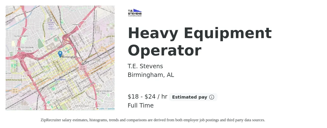 T.E. Stevens job posting for a Heavy Equipment Operator in Birmingham, AL with a salary of $17 to $25 Hourly with a map of Birmingham location.