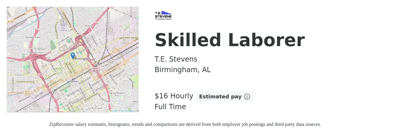 T.E. Stevens job posting for a Skilled Laborer in Birmingham, AL with a salary of $17 Hourly with a map of Birmingham location.