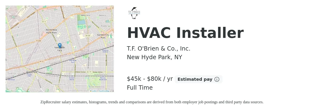 T.F. O'Brien & Co., Inc. job posting for a HVAC Installer in New Hyde Park, NY with a salary of $45,000 to $80,000 Yearly with a map of New Hyde Park location.