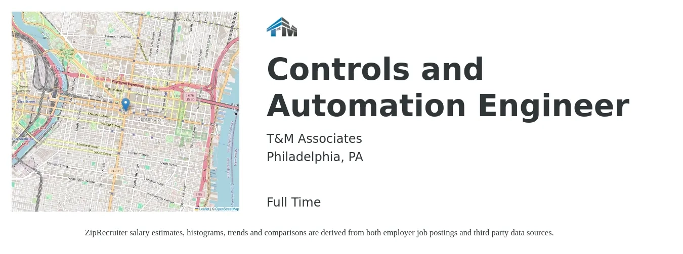 T&M Associates job posting for a Controls and Automation Engineer in Philadelphia, PA with a salary of $79,800 to $103,200 Yearly with a map of Philadelphia location.